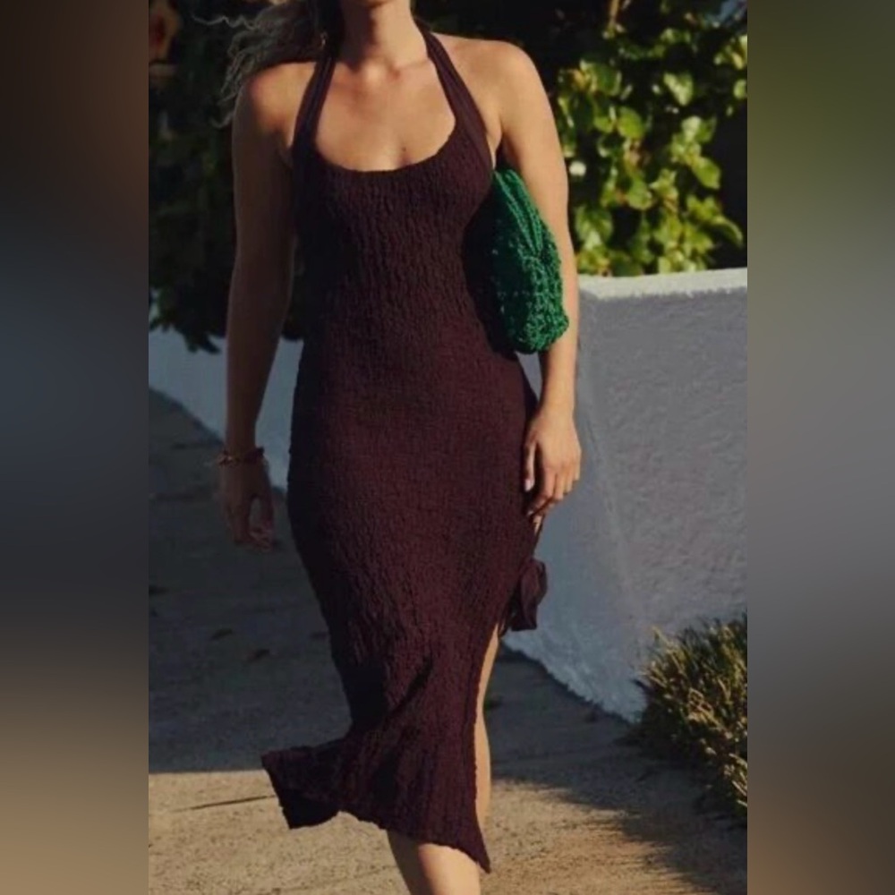 NWOT Free People Sea Foam textured midi dress bodycon tie neck and side slit - Picture 5 of 14